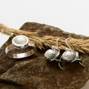 Комплект из кольца и серёг, арт. R00001gold, серебро 925, золото, жемчуг