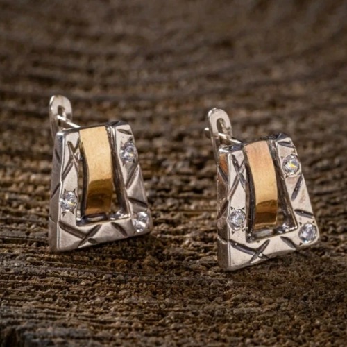 Серьги, арт. 1951, серебро 925 пробы, золото, циркон синт., чернение