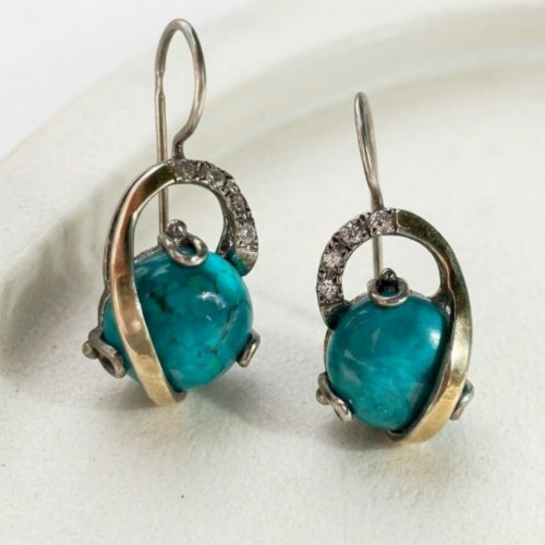 Серьги, арт. 2605, серебро, эйлатская бирюза, золото, чернение