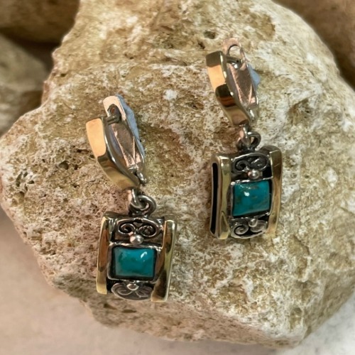 Серьги, арт. 2613бир, серебро 925 пробы, бирюза, золото, чернение