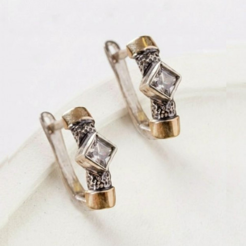 Серьги, арт. 282з, серебро 925 пробы, золото, иск.циркон, чернение