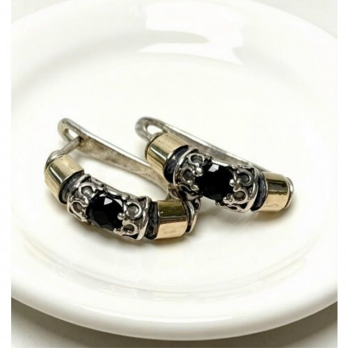Серьги, арт. Е4001он, серебро 925 пробы, золото, оникс, чернение