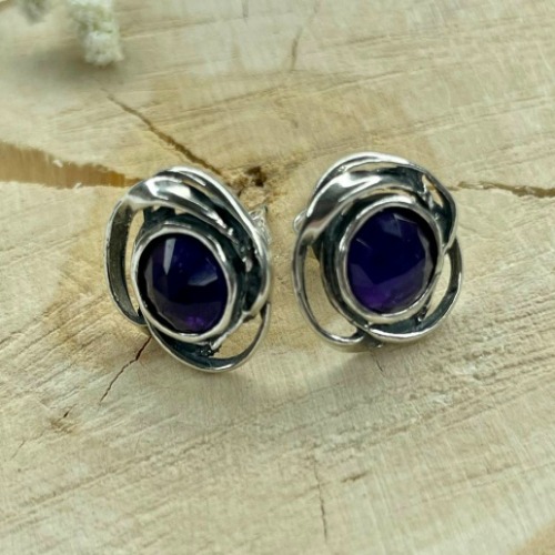 Серьги-пусеты, арт. 7150, серебро 925 пробы, аметист, чернение