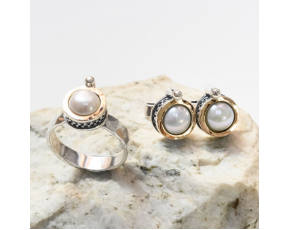 Комплект из кольца и пусет, арт. R00001gold, серебро, золото, жемчуг