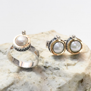 Комплект из кольца и пусет, арт. R00001gold, серебро, золото, жемчуг